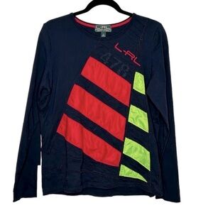 R-LR Ralph Lauren Navy Blue T-Shirt with Hot Pink and Lime Green Stripes Sz L